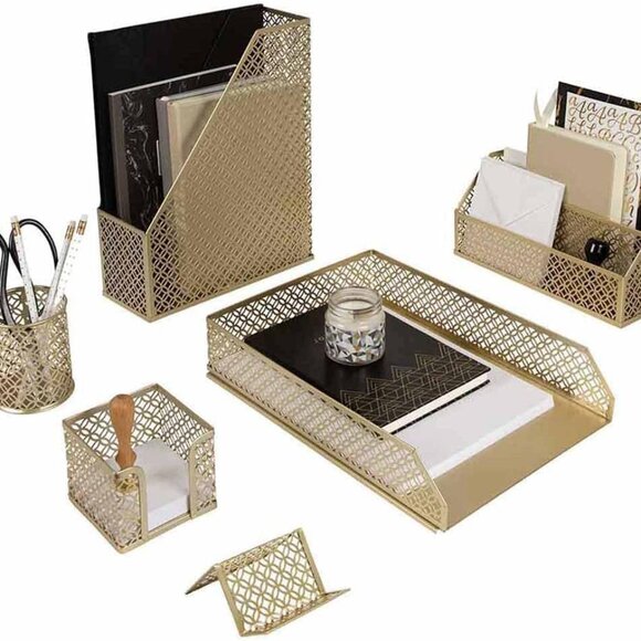 Versatile Gold Desk Organizer Set – 6-Piece Storage Solution for Office Elegance
